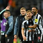Matt Ritchie and Callum Wilson of Newcastle United celebrate following the Premier League match between Newcastle United and Wolverhampton Wanderers at St. James Park on March 12, 2023 in Newcastle upon Tyne, England. (Photo by Michael Regan/Getty Images)
