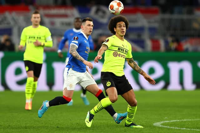 Rangers midfielder Ryan Jack in action against Axel Witsel of Borussia Dortmund during the Europa League match in Germany on Thursday. (Photo by Martin Rose/Getty Images)