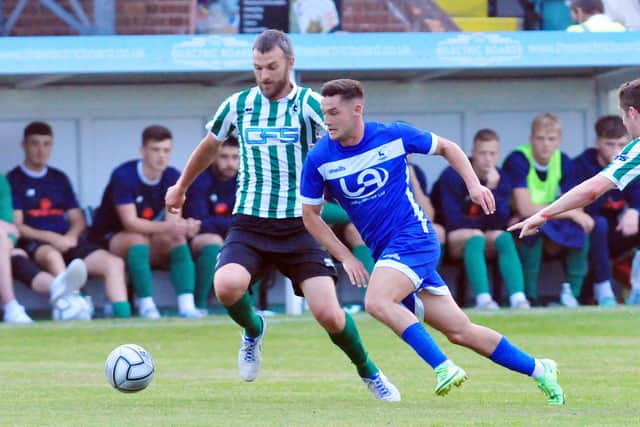 Luke Molyneux and Robbie Dale in action during Blyth Spartans v HUFC pre-season friendly. 27-07-2021. Picture by Bernadette Malcolmson
