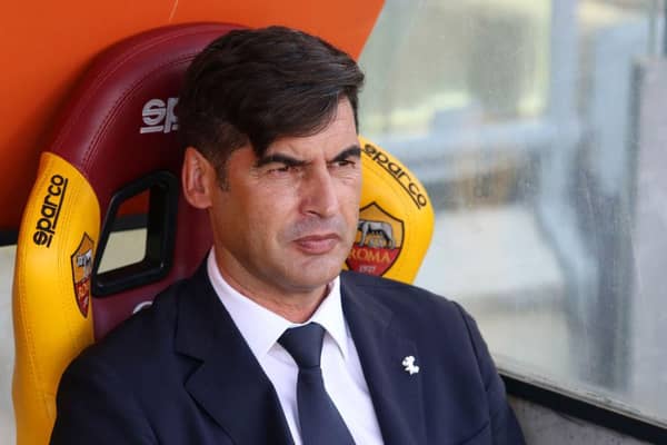 ROME, ITALY - MAY 09: Paulo Fonseca, Head Coach of Roma  looks on prior to the Serie A match between AS Roma  and FC Crotone at Stadio Olimpico on May 09, 2021 in Rome, Italy. Sporting stadiums around Italy remain under strict restrictions due to the Coronavirus Pandemic as Government social distancing laws prohibit fans inside venues resulting in games being played behind closed doors. (Photo by Paolo Bruno/Getty Images)