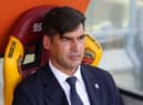 ROME, ITALY - MAY 09: Paulo Fonseca, Head Coach of Roma  looks on prior to the Serie A match between AS Roma  and FC Crotone at Stadio Olimpico on May 09, 2021 in Rome, Italy. Sporting stadiums around Italy remain under strict restrictions due to the Coronavirus Pandemic as Government social distancing laws prohibit fans inside venues resulting in games being played behind closed doors. (Photo by Paolo Bruno/Getty Images)