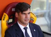 ROME, ITALY - MAY 09: Paulo Fonseca, Head Coach of Roma  looks on prior to the Serie A match between AS Roma  and FC Crotone at Stadio Olimpico on May 09, 2021 in Rome, Italy. Sporting stadiums around Italy remain under strict restrictions due to the Coronavirus Pandemic as Government social distancing laws prohibit fans inside venues resulting in games being played behind closed doors. (Photo by Paolo Bruno/Getty Images)