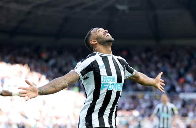 Callum Wilson of Newcastle United celebrates scoring their side's second goal during the Premier League match between Newcastle United and Manchester City at St. James Park on August 21, 2022 in Newcastle upon Tyne, England. (Photo by Clive Brunskill/Getty Images)
