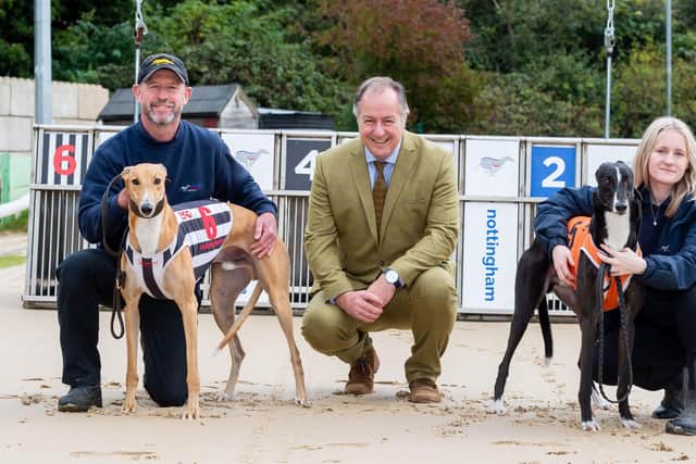 From left, trainer Jason Gray; GBGB Chief Executive Mark Bird; kennel hand Jess Hubbard