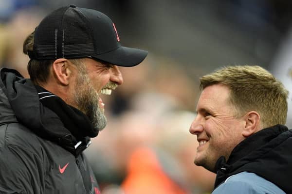 Eddie Howe and Jurgen Klopp ahead of the clash between Newcastle United and Liverpool in February (Photo by OLI SCARFF/AFP via Getty Images)