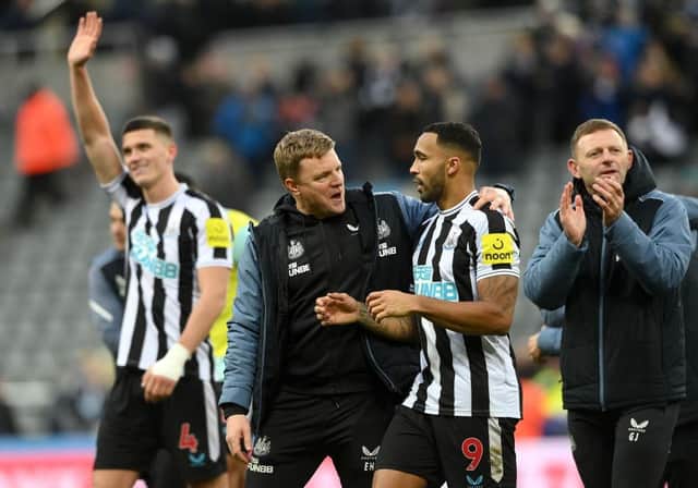 Newcastle United head coach Eddie Howe and striker Callum Wilson celebrate the Fulham win.
