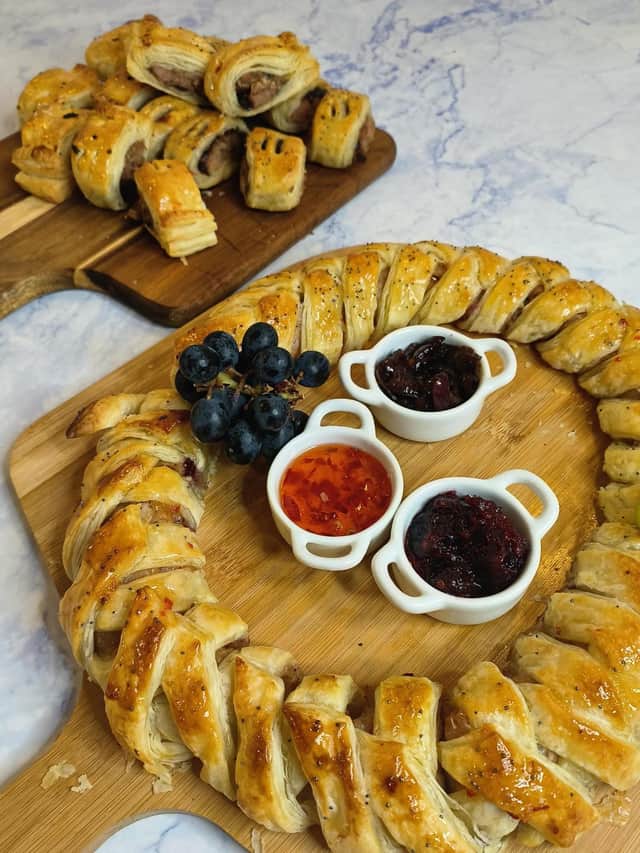 The sausage wreath makes a stunning centrepiece on a buffet table