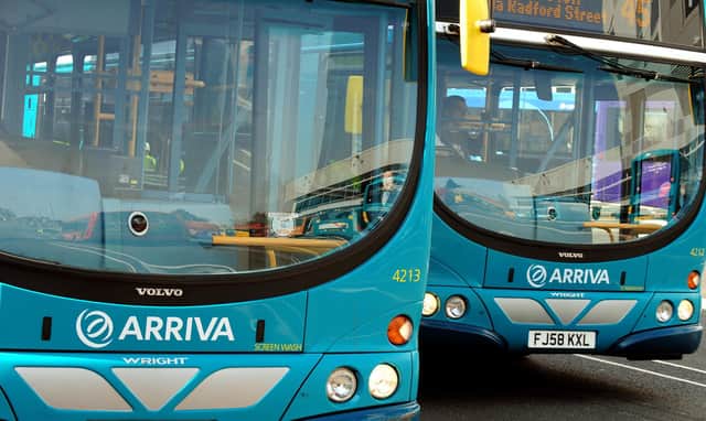 Arriva buses in Derby. Bus and rail firm Arriva agreed to a 1.59 billion takeover by German operator Deutsche Bahn to create a new European transport giant.