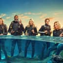 Shark! Celebrity Infested Waters. Pictured left to right: Ade Adepitan, Ross Noble, Helen George, Sir Lenny Henry, Lucy Punch, Dougie Poynter and Rachel Riley See PA Feature SHOWBIZ TV Shark. Photo: ©ITV.