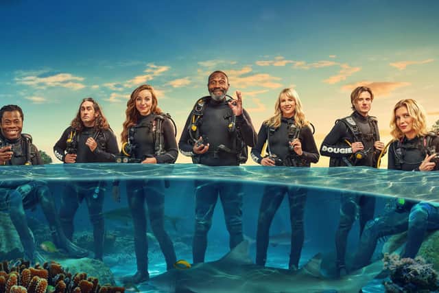 Shark! Celebrity Infested Waters. Pictured left to right: Ade Adepitan, Ross Noble, Helen George, Sir Lenny Henry, Lucy Punch, Dougie Poynter and Rachel Riley See PA Feature SHOWBIZ TV Shark. Photo: ©ITV.