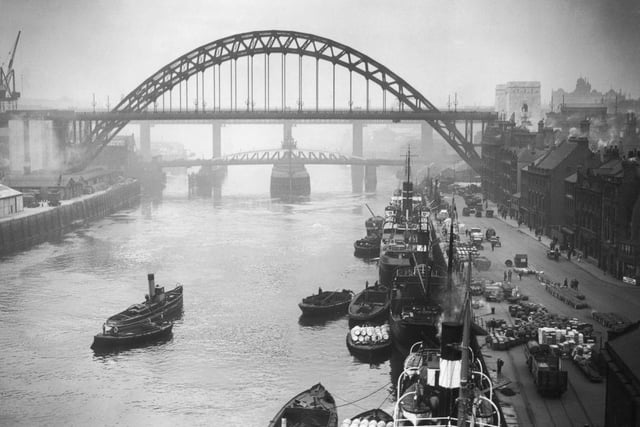 The Tyne Bridge, a few days before it was officially opened by King George V and Queen Mary in October 1928. This picture was taken from the main mast of a steamer on the river. (Photo by Hulton Archive/Getty Images)