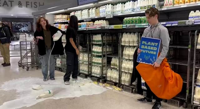 Handout photo issued by Animal Rebellion of supporters of Animal Rebellion pouring out milk in a Waitrose in Edinburgh. Issue date: Saturday October 15, 2022.