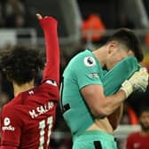 Newcastle United goalkeeper Nick Pope reacts to his dismissal.