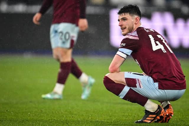West Ham United's English midfielder Declan Rice reacts at the end of the English Premier League football match between West Ham United and Newcastle at the London Stadium, in London on April 5, 2023. - Newcastle wins 5 - 1 against West Ham United. (Photo by JUSTIN TALLIS / AFP)