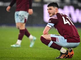 West Ham United's English midfielder Declan Rice reacts at the end of the English Premier League football match between West Ham United and Newcastle at the London Stadium, in London on April 5, 2023. - Newcastle wins 5 - 1 against West Ham United. (Photo by JUSTIN TALLIS / AFP)