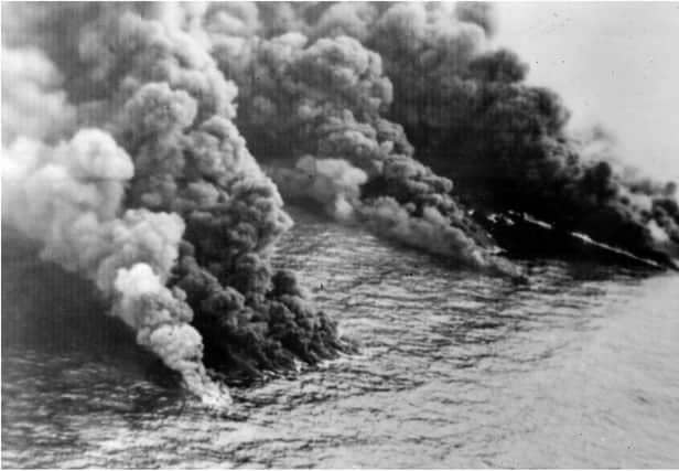 Fires break out following the collision in the North Sea. Photo: Getty Images