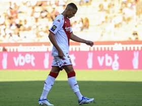 Monaco's Brazilian defender Vanderson reacts during the French L1 football match between AS Monaco and RC Lens at the Louis II Stadium (Stade Louis II) in the Principality of Monaco on August 20, 2022. (Photo by Valery HACHE / AFP) (Photo by VALERY HACHE/AFP via Getty Images)