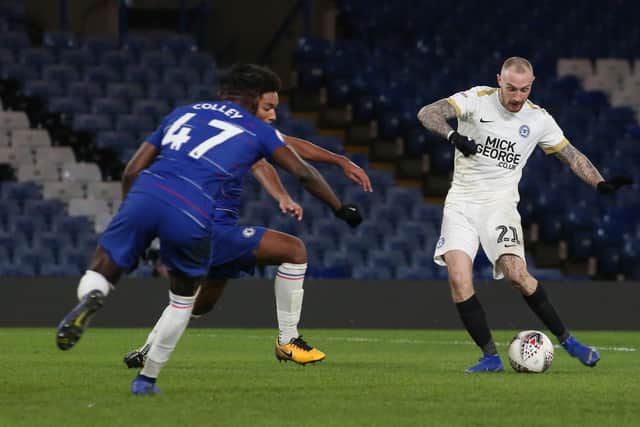 Marcus Maddison of Peterborough United scores Posh's third goal of the game against Chelsea U21 in 2019. Photo: Joe Dent.