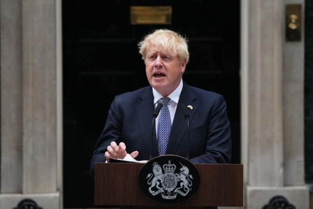 Prime Minister Boris Johnson addresses the nation as he announces his resignation outside 10 Downing Street on July 7, 2022.