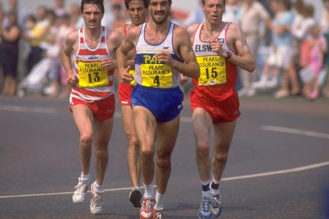 Eight years after the Great North Run first started, here is Northumberland athlete Mike McLeod photographed alongside Italian olympic athlete Gelindo Bordon - who came third in the race that year, as well as Martin McLoughlin.