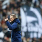 Eddie Howe, Manager of Newcastle United celebrates with fans after their sides victory during the Premier League match between Newcastle United and Brighton & Hove Albion at St. James Park on March 05, 2022 in Newcastle upon Tyne, England. (Photo by Ian MacNicol/Getty Images)