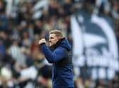 Eddie Howe, Manager of Newcastle United celebrates with fans after their sides victory during the Premier League match between Newcastle United and Brighton & Hove Albion at St. James Park on March 05, 2022 in Newcastle upon Tyne, England. (Photo by Ian MacNicol/Getty Images)