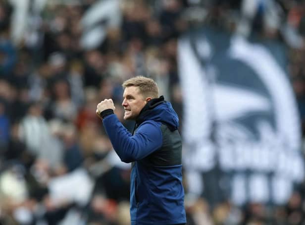 <p>Eddie Howe, Manager of Newcastle United celebrates with fans after their sides victory during the Premier League match between Newcastle United and Brighton & Hove Albion at St. James Park on March 05, 2022 in Newcastle upon Tyne, England. (Photo by Ian MacNicol/Getty Images)</p>