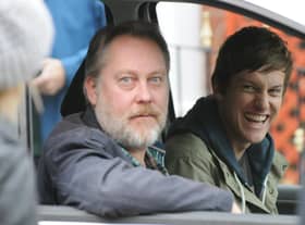 Flashback to TV fame - Vic Reeves pictured with Chris Ramsey while on a location shoot in 2013 for Hebburn.