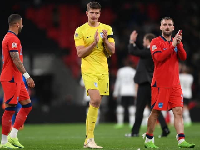 DIFFERING FORTUNES: Luke Shaw (right) had a stormer, Nick Pope (centre) a shocker