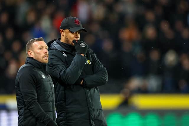 Burnley manager Vincent Kompany and assistant Craig Bellamy watch on
The EFL Sky Bet Championship - Hull City v Burnley - Wednesday 15th March 2023 - MKM Stadium - Kingston upon Hull