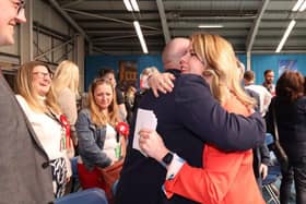 Labour candidate Kim McGuinness celebrates after winning the North East Mayor election at Silksworth Centre in Sunderland.