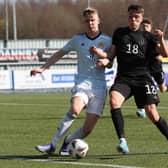Charlie McArthur of Scotland vies with Dzenan Pecinovic of Germany during the UEFA Under17 European Championship Qualifier match between Germany U17 and Scotland U17 on March 26, 2022 in Glasgow, Scotland. (Photo by Ian MacNicol/Getty Images)