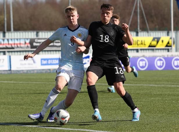 <p>Charlie McArthur of Scotland vies with Dzenan Pecinovic of Germany during the UEFA Under17 European Championship Qualifier match between Germany U17 and Scotland U17 on March 26, 2022 in Glasgow, Scotland. (Photo by Ian MacNicol/Getty Images)</p>