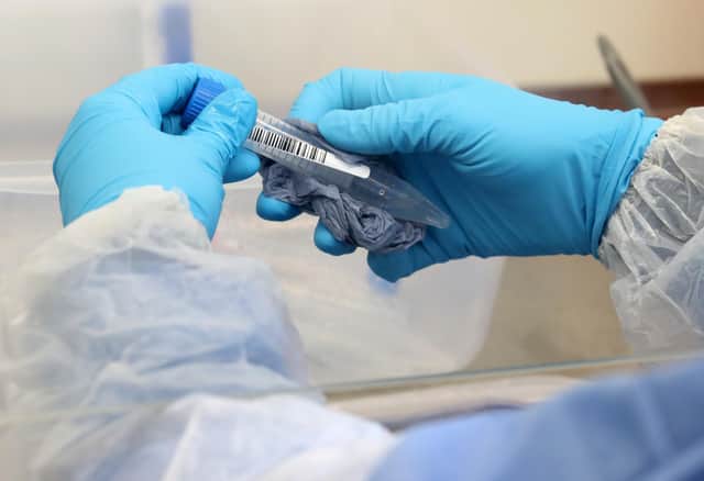 A test tube is cleaned on arrival at the new Covid-19 testing lab at Queen Elizabeth University Hospital, Glasgow.