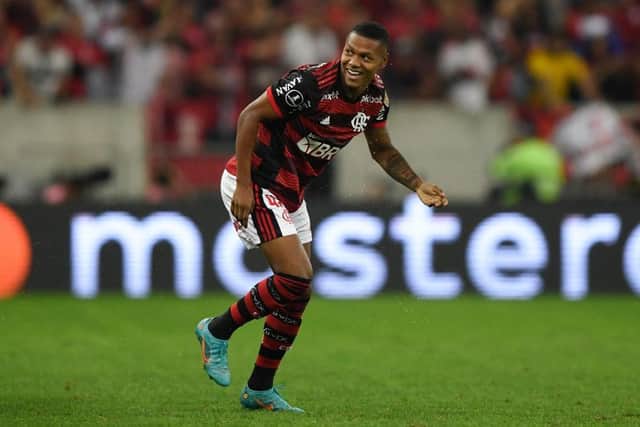 Brazil's Flamengo Matheus Franca celebrates after scoring against Colombia's Deportes Tolima during the Copa Libertadores football tournament round of sixteen second leg match at Macarana Stadium in Rio de Janeiro, Brazil, on July 6, 2022. (Photo by MAURO PIMENTEL / AFP) (Photo by MAURO PIMENTEL/AFP via Getty Images)