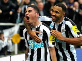 Newcastle United's Miguel Almiron (left) celebrates scoring their side's fourth goal of the game with team-mate Callum Wilson during the during the 4-0 Premier League win over Aston Villa (Picture: Owen Humphreys/PA)