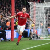 Chris Wood celebrates scoring of Nottingham Forest's third goal.