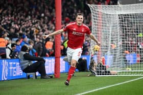Chris Wood celebrates scoring of Nottingham Forest's third goal.
