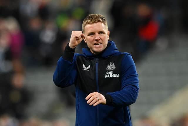Eddie Howe, Manager of Newcastle United celebrates their sides victory after the Premier League match between Newcastle United and Everton at St. James Park on February 08, 2022 in Newcastle upon Tyne, England. (Photo by Stu Forster/Getty Images)