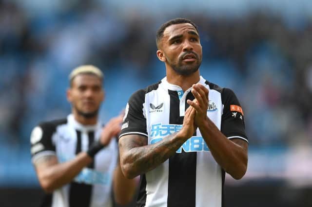 Callum Wilson applauds Newcastle United fans at the Etihad Stadium.