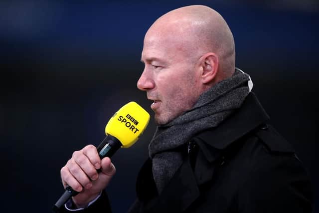 LEICESTER, ENGLAND - MARCH 21: BBC Presenter Alan Shearer during the Emirates FA Cup Quarter Final match between Leicester City and Manchester United at The King Power Stadium on March 21, 2021 in Leicester, England. Sporting stadiums around the UK remain under strict restrictions due to the Coronavirus Pandemic as Government social distancing laws prohibit fans inside venues resulting in games being played behind closed doors. (Photo by Alex Pantling/Getty Images)