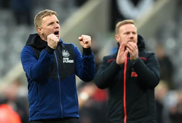 NEWCASTLE UPON TYNE, ENGLAND - FEBRUARY 13: Eddie Howe, Manager of Newcastle United celebrates to the crowd after their sides victory in the Premier League match between Newcastle United and Aston Villa at St. James Park on February 13, 2022 in Newcastle upon Tyne, England. (Photo by Stu Forster/Getty Images)