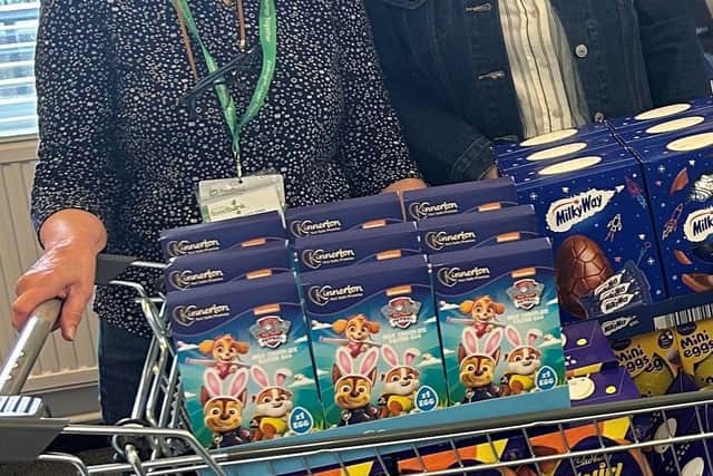 Sue Coates (left) and Emma Gibson with some tasty treats for Cramlington Foodbank
