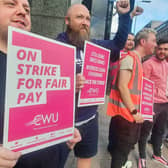 John Devlin 29/07/2022. GLASGOW. BT workers on the picket line in Glasgow. CWU members in Northern Ireland and across the UK, including 999 call handlers, are to take part in further strike action tomorrow