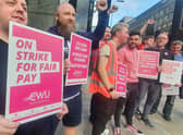 John Devlin 29/07/2022. GLASGOW. BT workers on the picket line in Glasgow. CWU members in Northern Ireland and across the UK, including 999 call handlers, are to take part in further strike action tomorrow