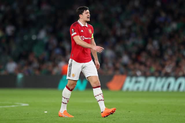 Harry Maguire of Manchester United reacts during the UEFA Europa League round of 16 leg two match between Real Betis and Manchester United at Estadio Benito Villamarin.
