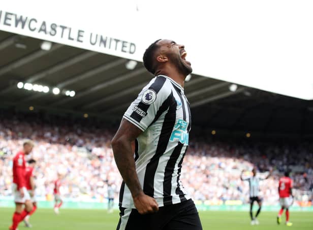 <p>Callum Wilson of Newcastle United celebrates scoring their side's second goal during the Premier League match between Newcastle United and Nottingham Forest at St. James Park on August 06, 2022 in Newcastle upon Tyne, England. (Photo by Jan Kruger/Getty Images)</p>