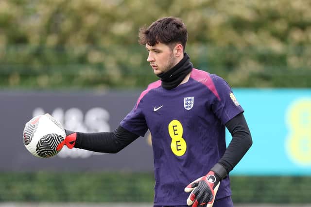 ENFIELD, ENGLAND - MARCH 25: James Trafford of England in action during a training session at Tottenham Hotspur Training Centre on March 25, 2024 in Enfield, England. (Photo by Warren Little/Getty Images)