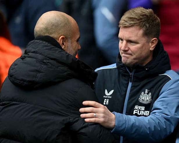 Manchester City Pep Guardiola and Newcastle United head coach Eddie Howe at the Etihad Stadium last weekend.