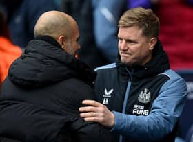 Manchester City Pep Guardiola and Newcastle United head coach Eddie Howe at the Etihad Stadium last weekend.